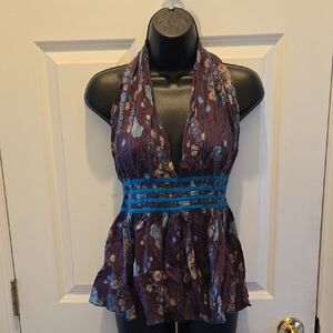 Vintage Y2K Halter Top S Boho Purple Blue Floral Tie Back